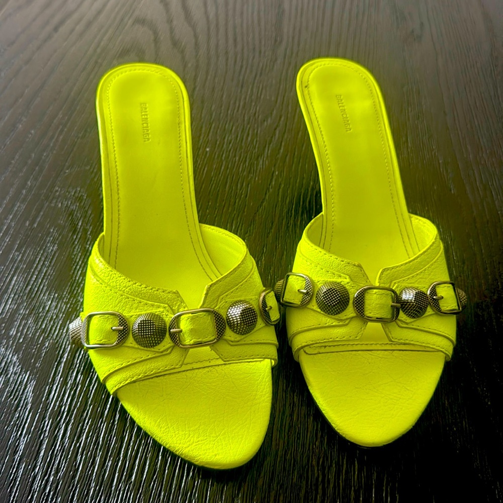 BALENCIAGA Cagole Mules in Fluo Yellow & Palladium 37.5